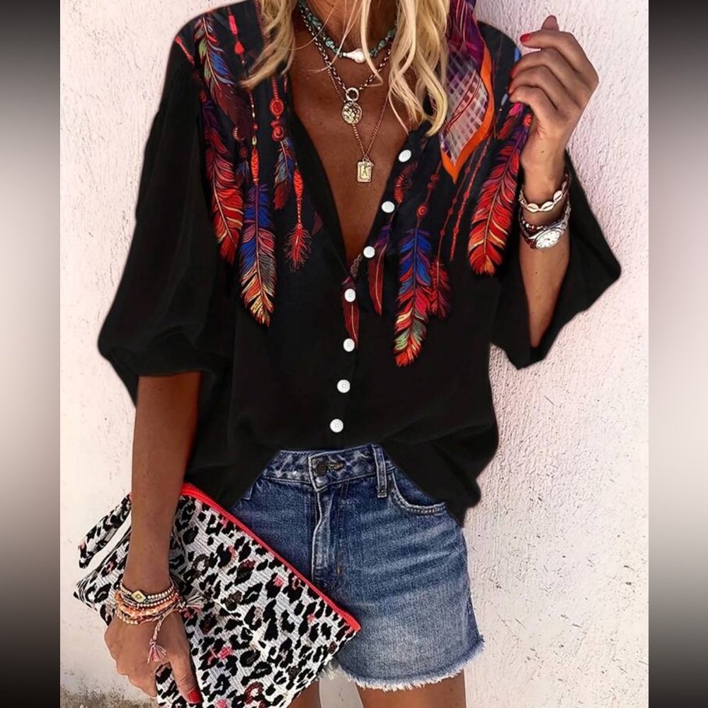 Boho western vintage floral print button down blouse